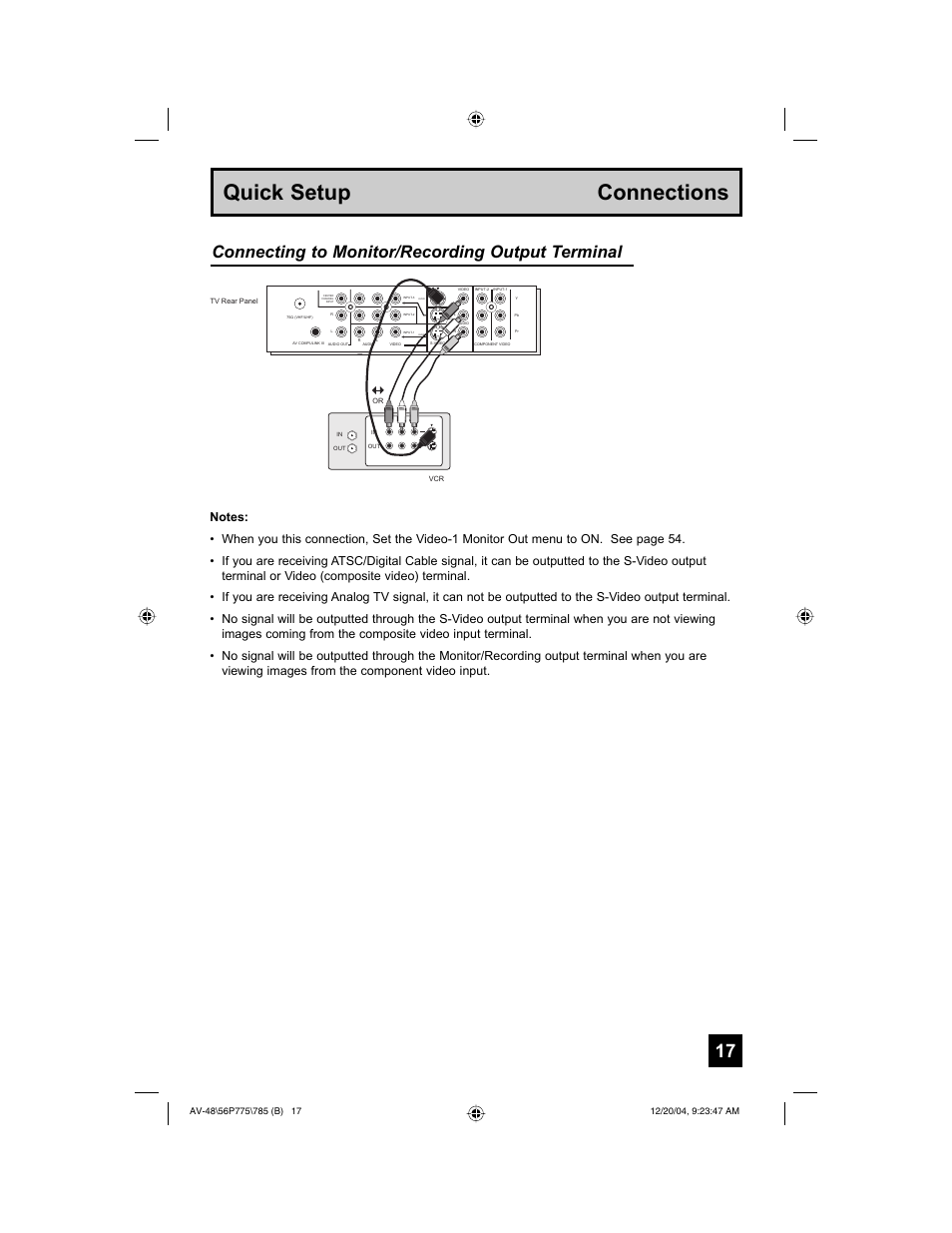 Quick setup connections, Connecting to monitor/recording output terminal | JVC I'Art Pro LCT1676-001B-A User Manual | Page 17 / 88