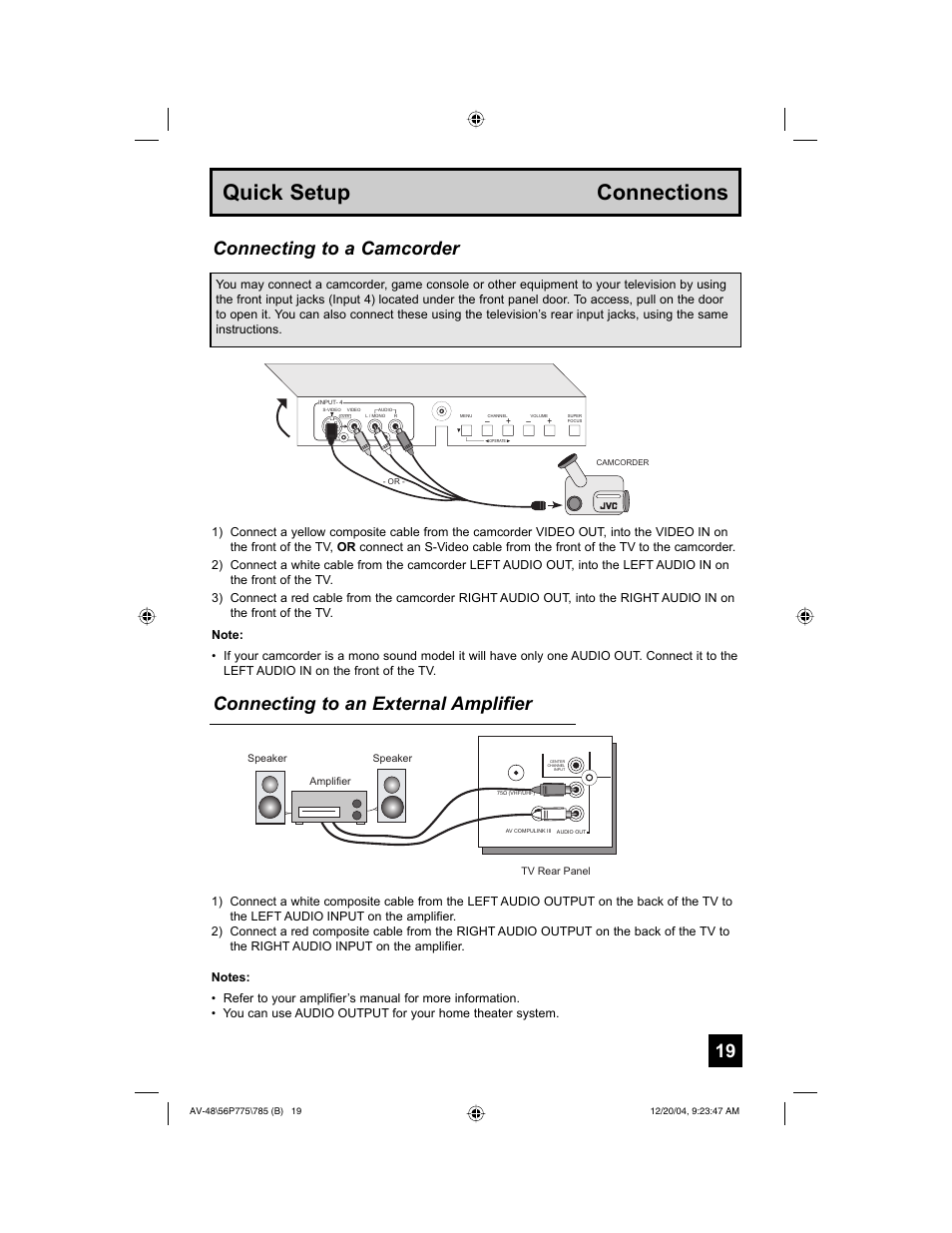 Quick setup connections, Connecting to a camcorder, Connecting to an external amplifier | JVC I'Art Pro LCT1676-001B-A User Manual | Page 19 / 88