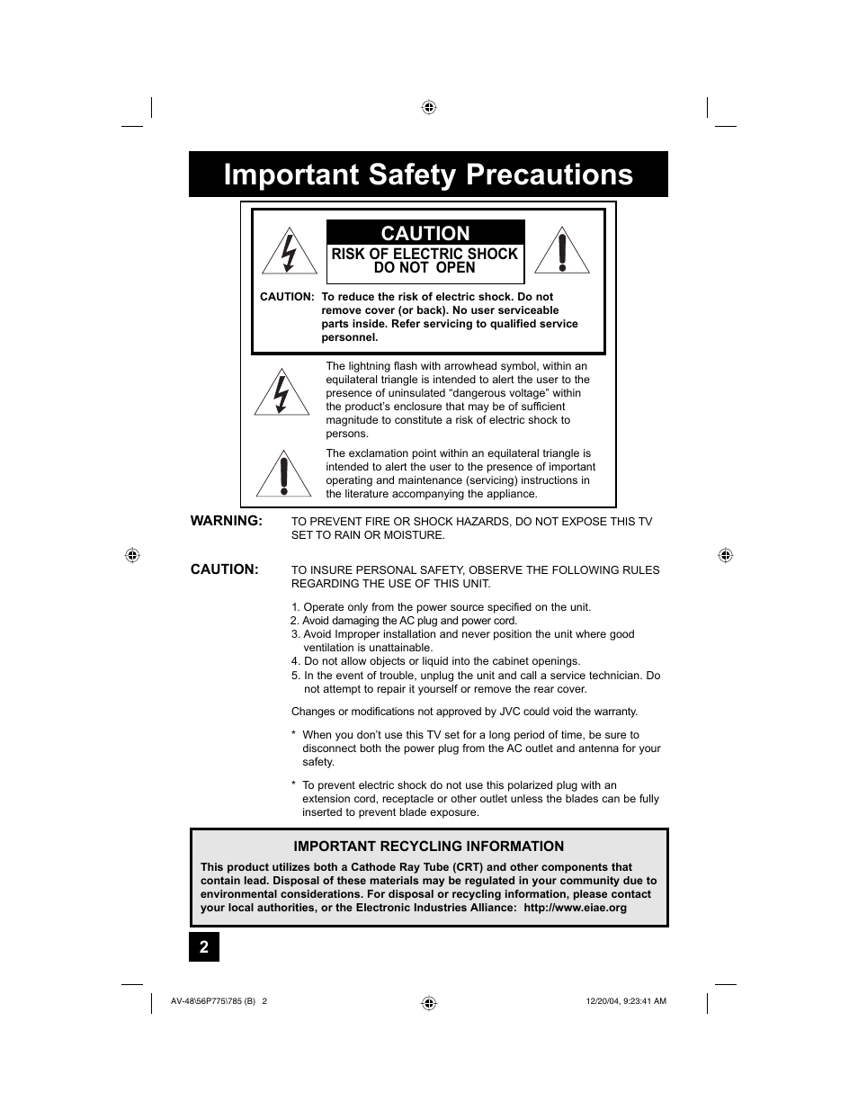 Important safety precautions, Caution, Risk of electric shock do not open | JVC I'Art Pro LCT1676-001B-A User Manual | Page 2 / 88