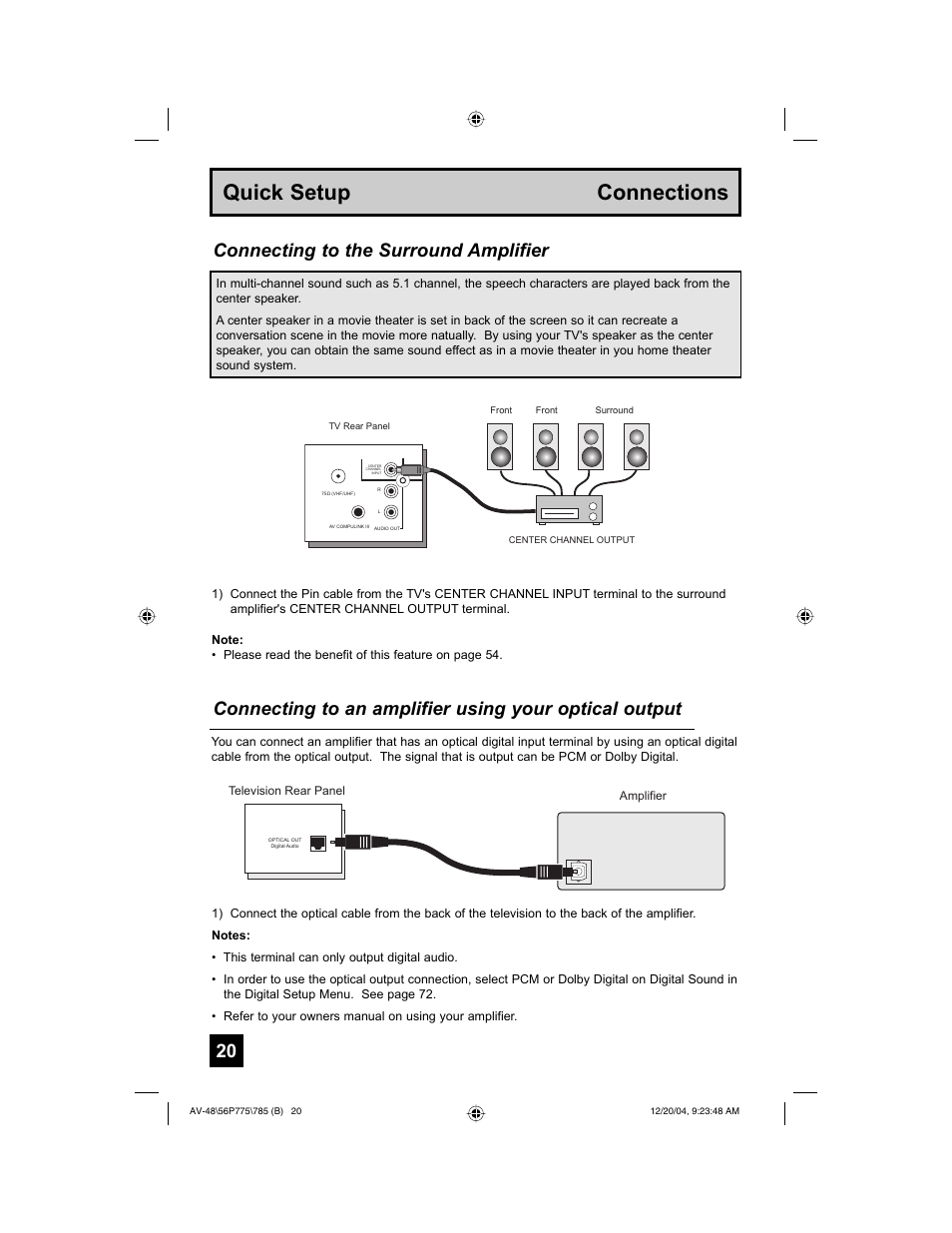 Quick setup connections, Connecting to the surround amplifier | JVC I'Art Pro LCT1676-001B-A User Manual | Page 20 / 88