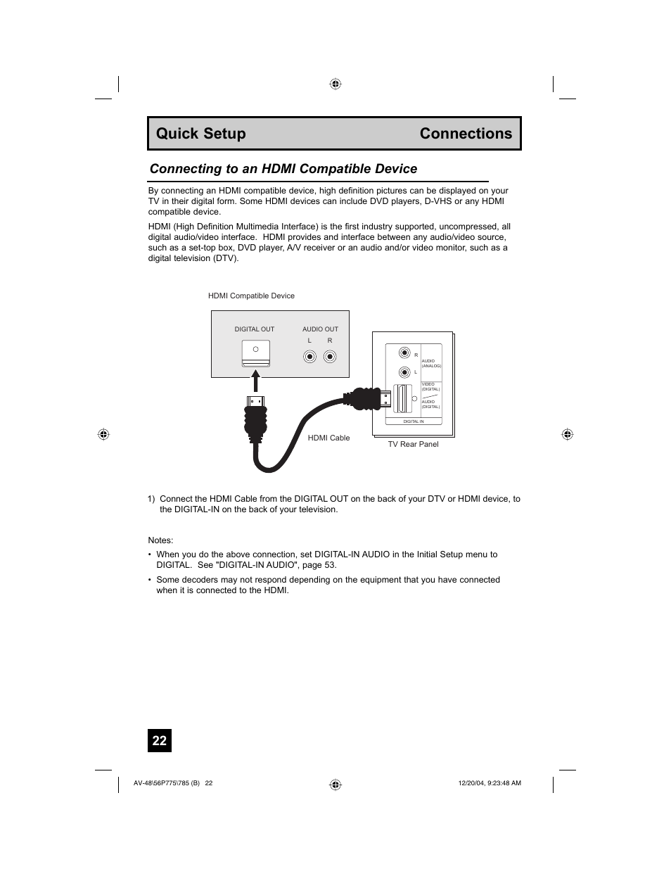 Quick setup connections, Connecting to an hdmi compatible device | JVC I'Art Pro LCT1676-001B-A User Manual | Page 22 / 88