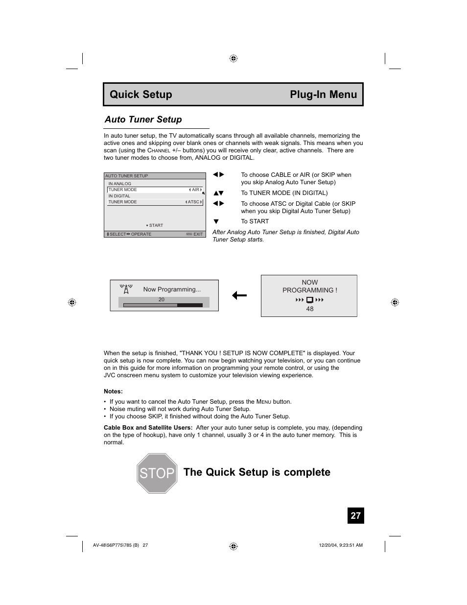 Stop, Auto tuner setup | JVC I'Art Pro LCT1676-001B-A User Manual | Page 27 / 88