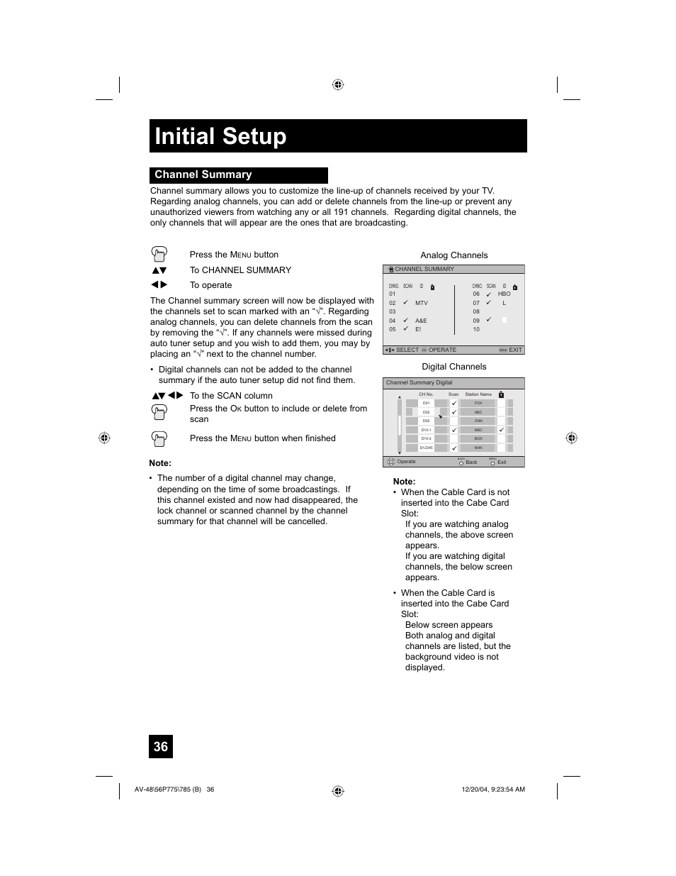 Initial setup, Channel summary | JVC I'Art Pro LCT1676-001B-A User Manual | Page 36 / 88