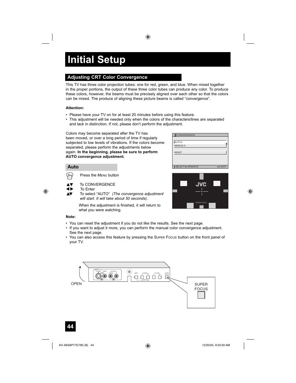 Initial setup, Adjusting crt color convergence auto | JVC I'Art Pro LCT1676-001B-A User Manual | Page 44 / 88