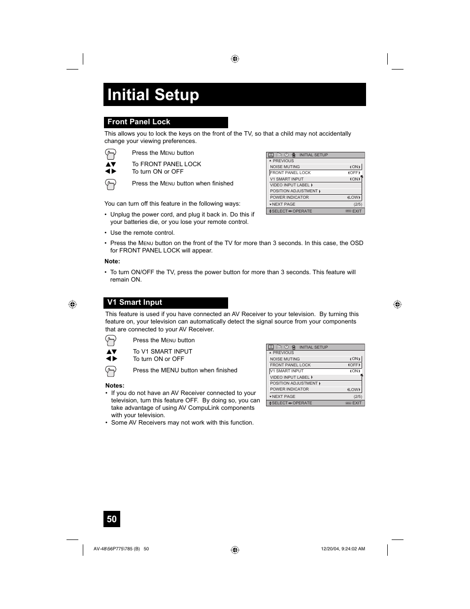 Initial setup, Front panel lock, V1 smart input | JVC I'Art Pro LCT1676-001B-A User Manual | Page 50 / 88