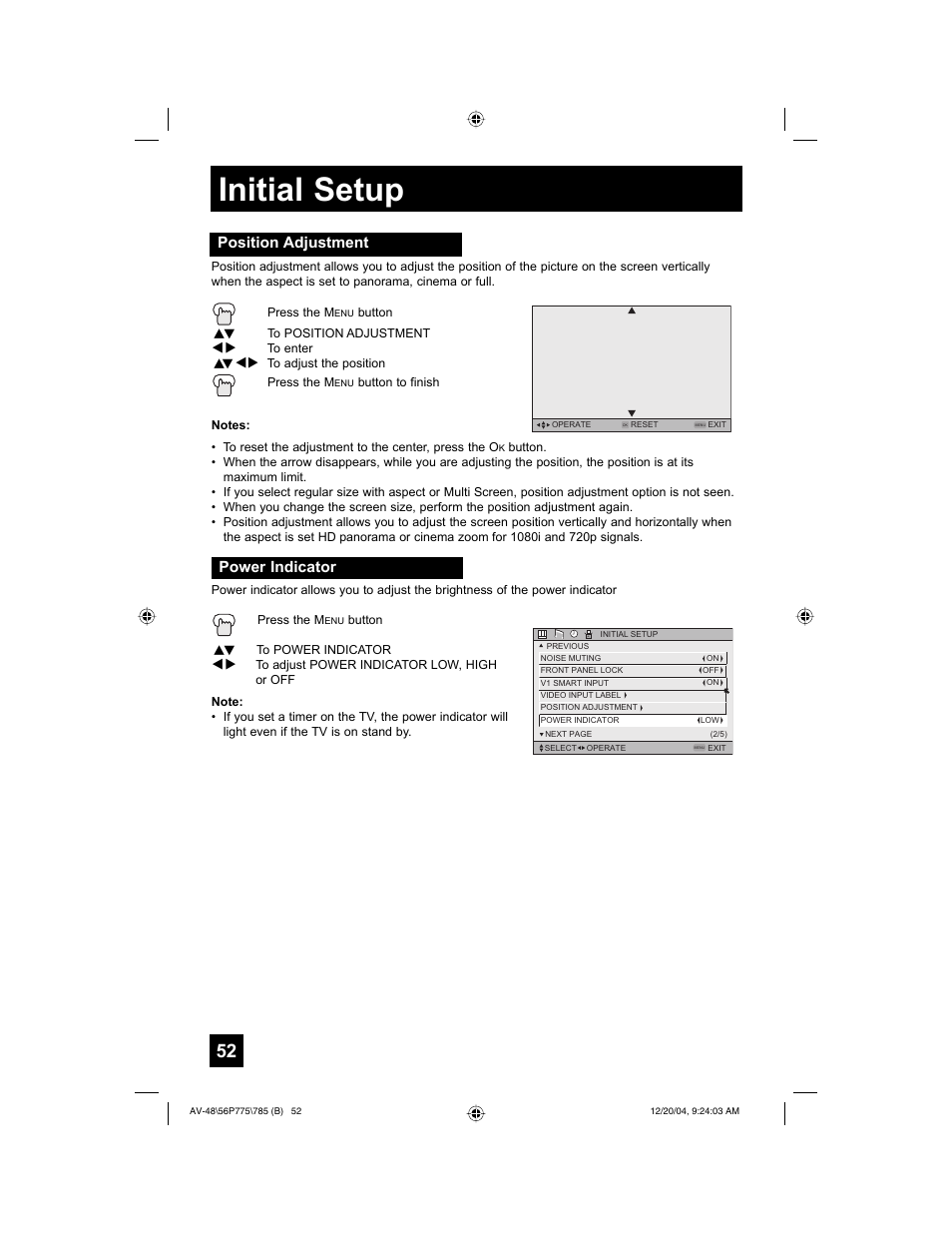 Initial setup, Position adjustment, Power indicator | JVC I'Art Pro LCT1676-001B-A User Manual | Page 52 / 88