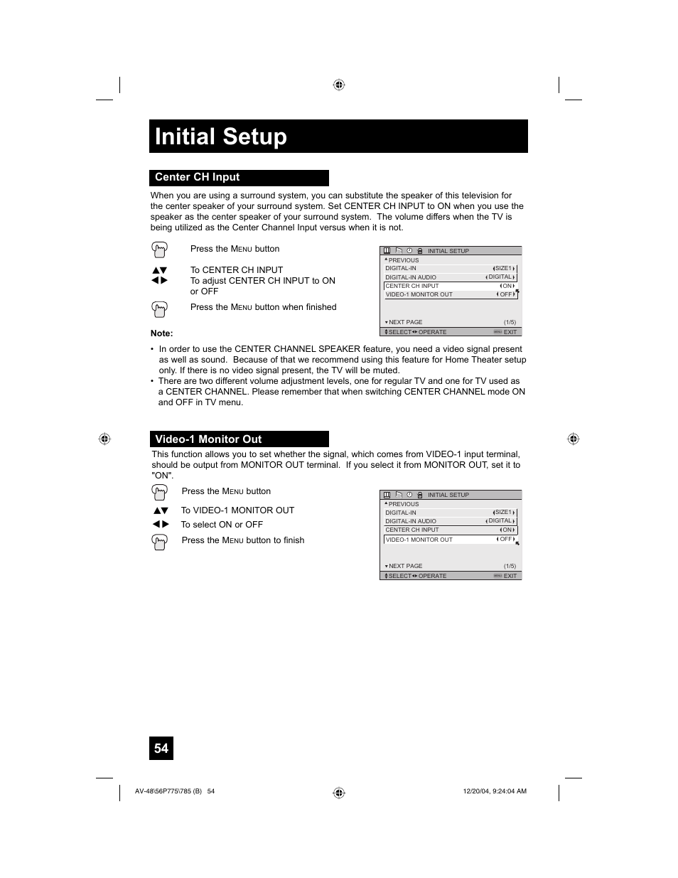 Initial setup, Center ch input, Video-1 monitor out | JVC I'Art Pro LCT1676-001B-A User Manual | Page 54 / 88