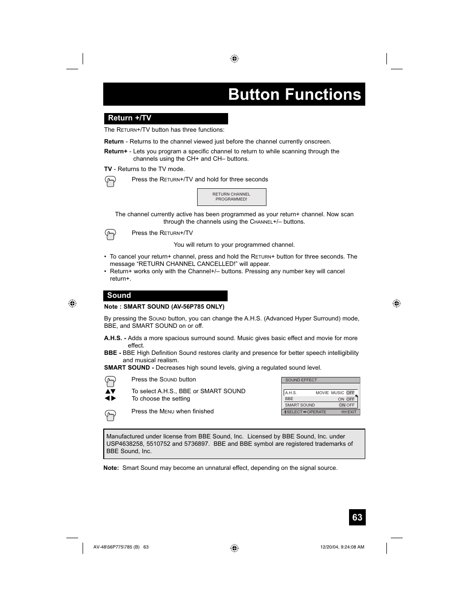 Button functions, Sound, Return +/tv | JVC I'Art Pro LCT1676-001B-A User Manual | Page 63 / 88