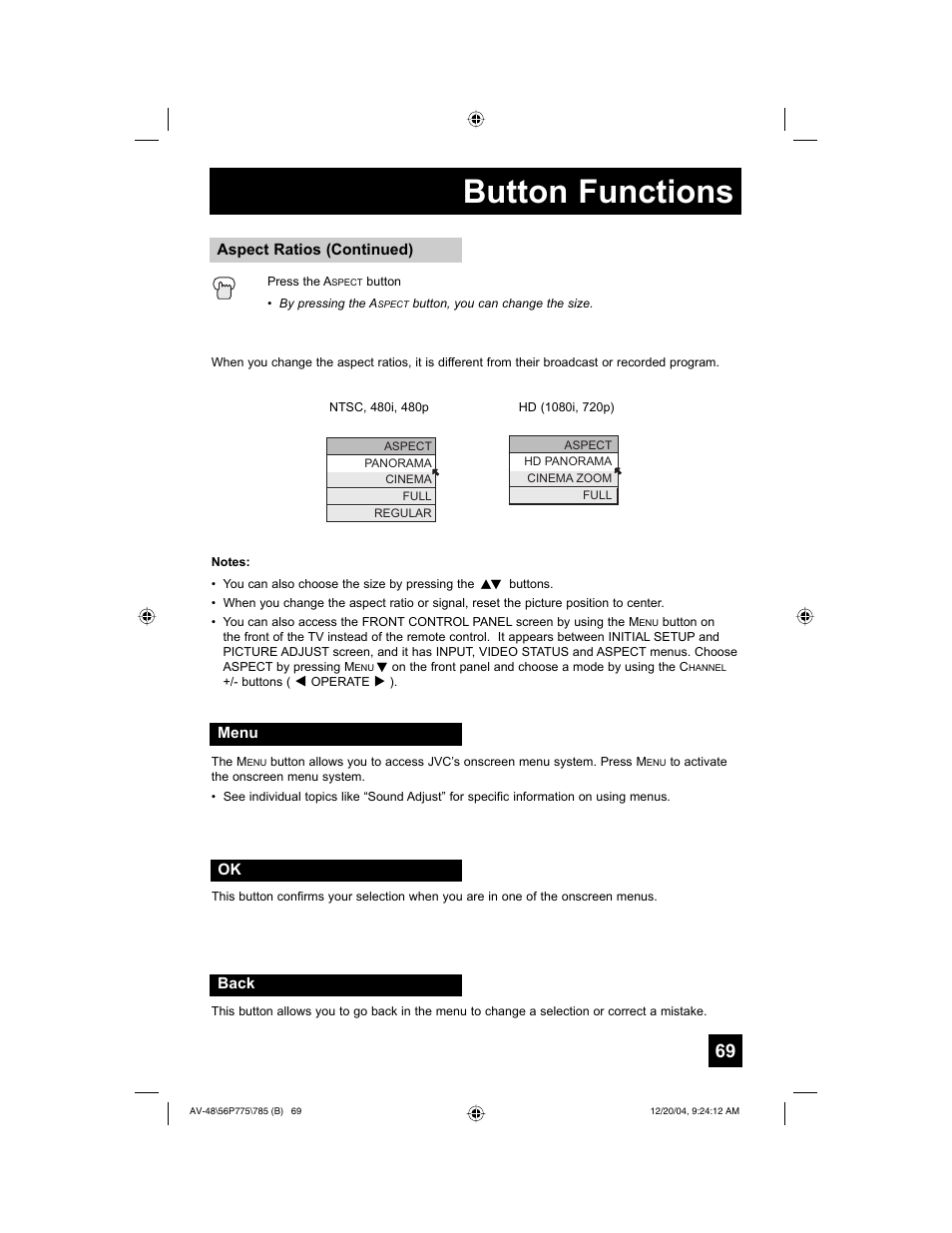 Button functions | JVC I'Art Pro LCT1676-001B-A User Manual | Page 69 / 88