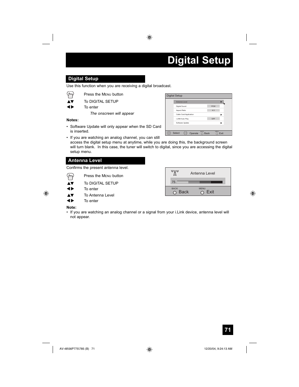 Digital setup, Antenna level | JVC I'Art Pro LCT1676-001B-A User Manual | Page 71 / 88