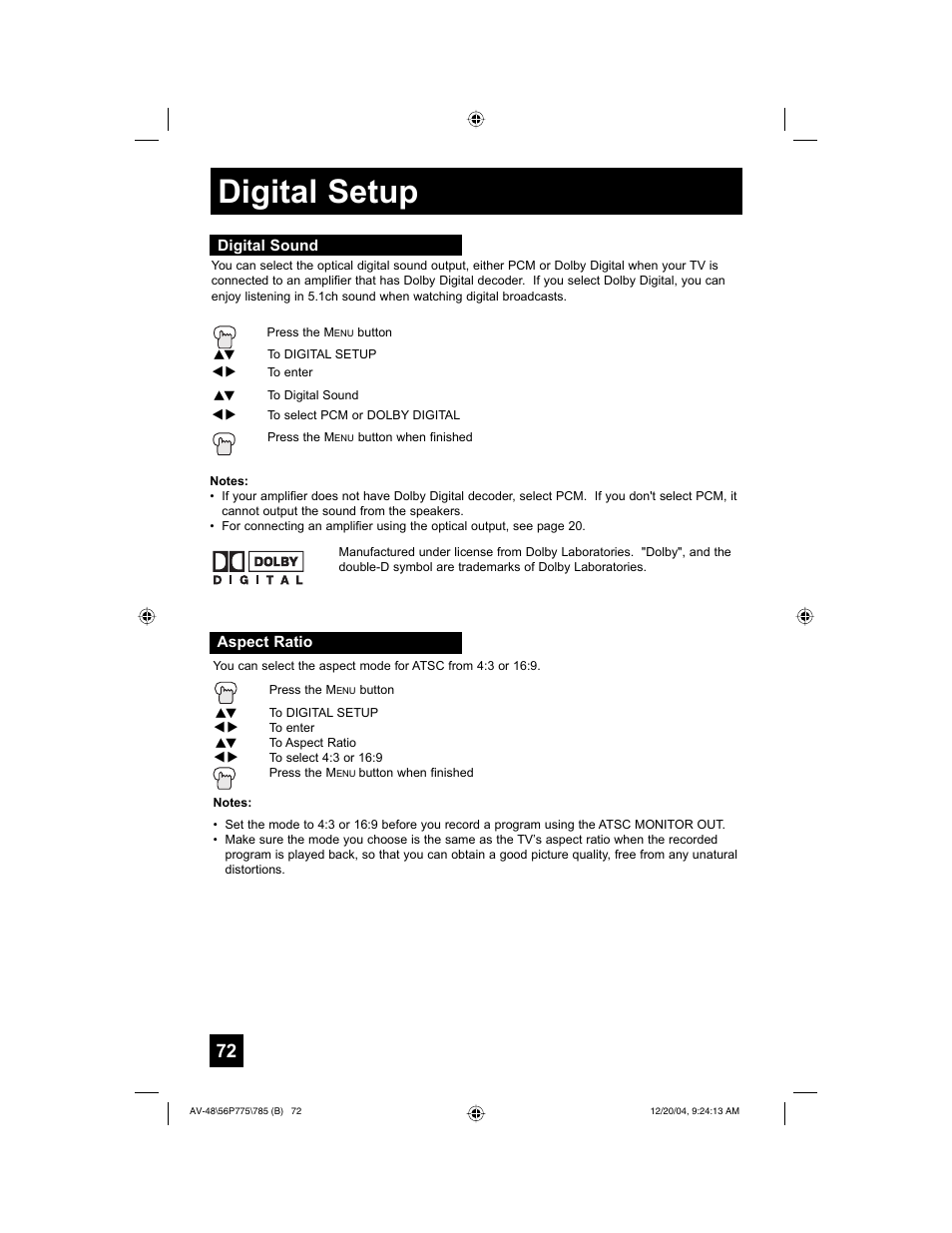 Digital setup | JVC I'Art Pro LCT1676-001B-A User Manual | Page 72 / 88