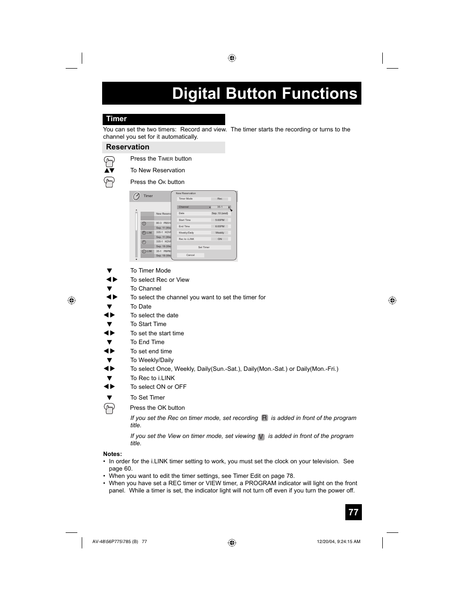 Digital button functions, Timer, Reservation | JVC I'Art Pro LCT1676-001B-A User Manual | Page 77 / 88