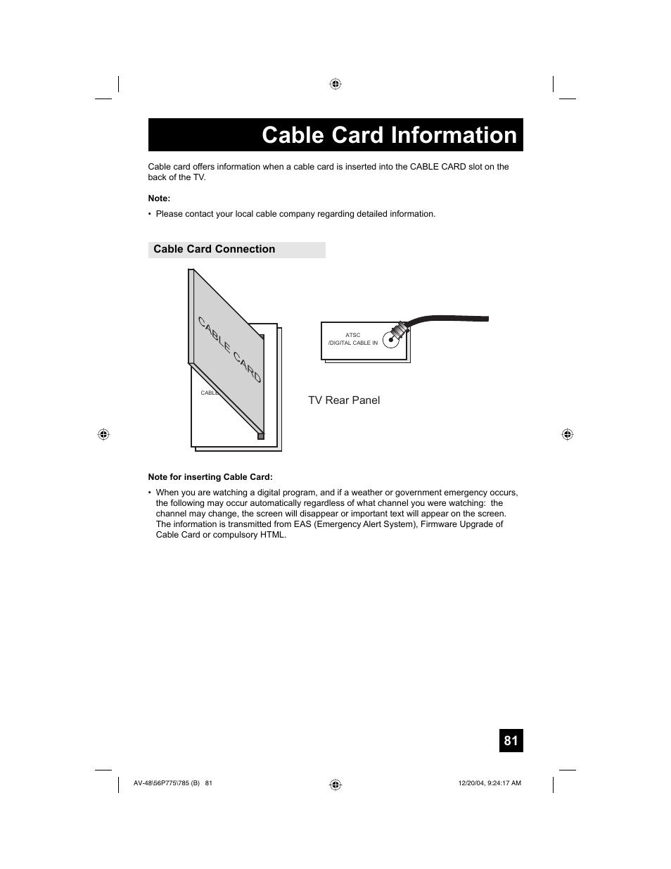 Cable card information | JVC I'Art Pro LCT1676-001B-A User Manual | Page 81 / 88