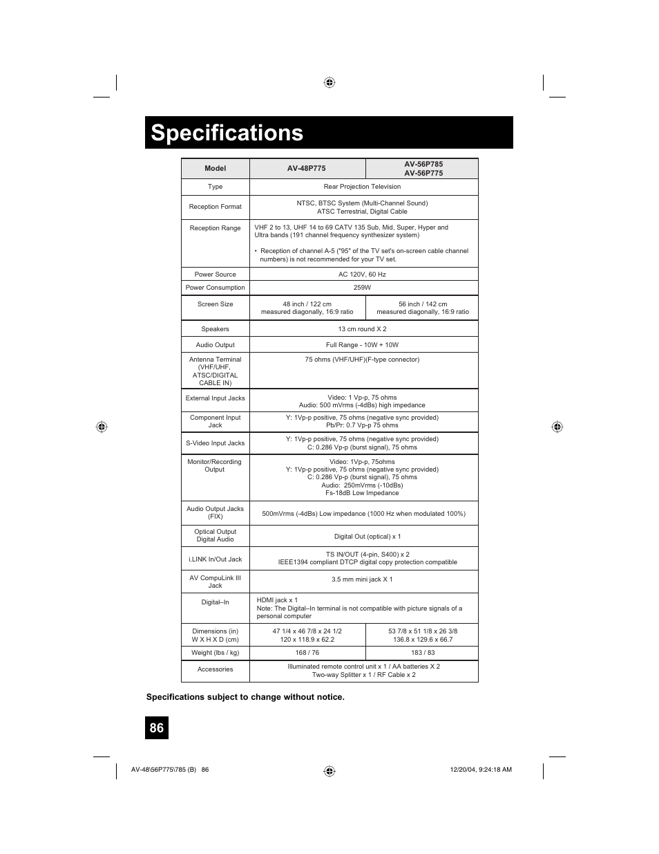 Specifications | JVC I'Art Pro LCT1676-001B-A User Manual | Page 86 / 88