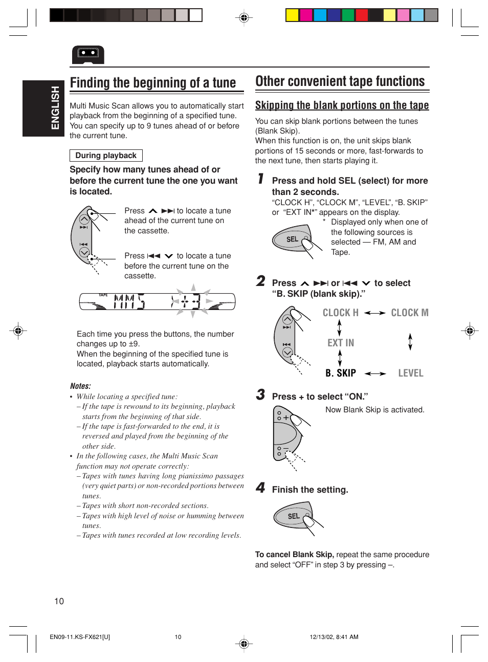 Finding the beginning of a tune, Other convenient tape functions, Skipping the blank portions on the tape | JVC CH-X100 User Manual | Page 10 / 32