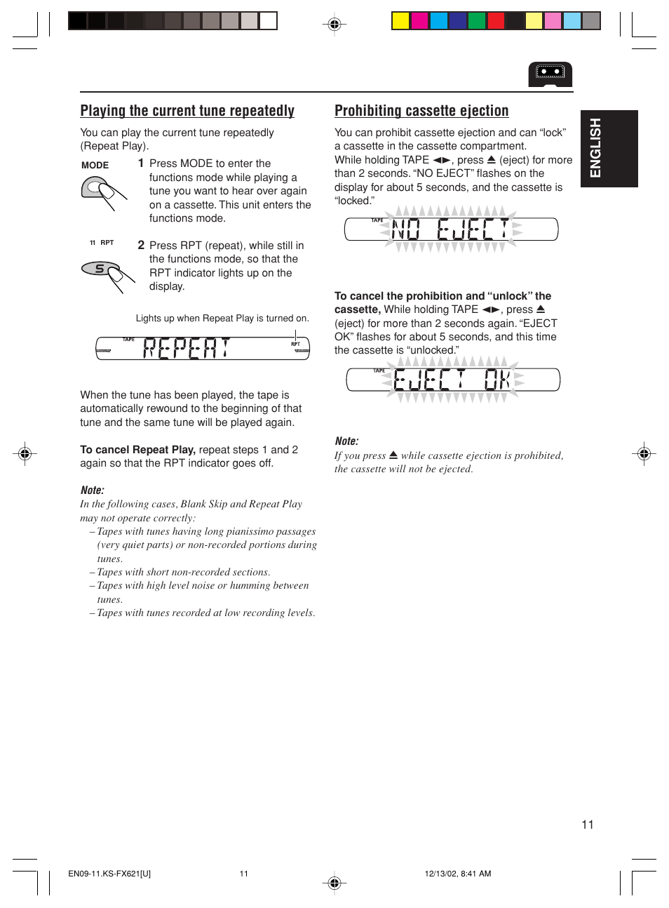 Playing the current tune repeatedly, Prohibiting cassette ejection, English | JVC CH-X100 User Manual | Page 11 / 32
