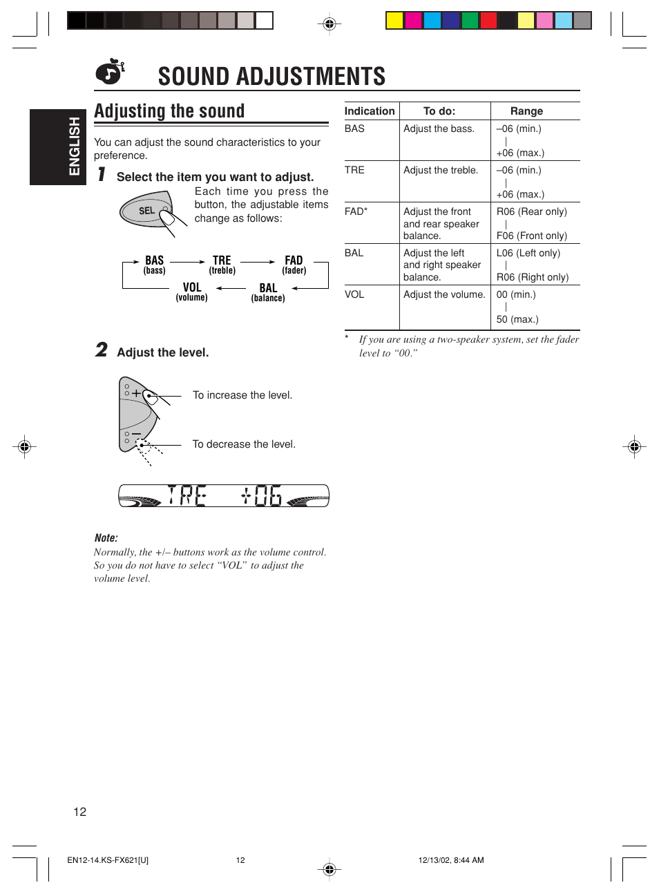 Sound adjustments, Adjusting the sound, English | JVC CH-X100 User Manual | Page 12 / 32