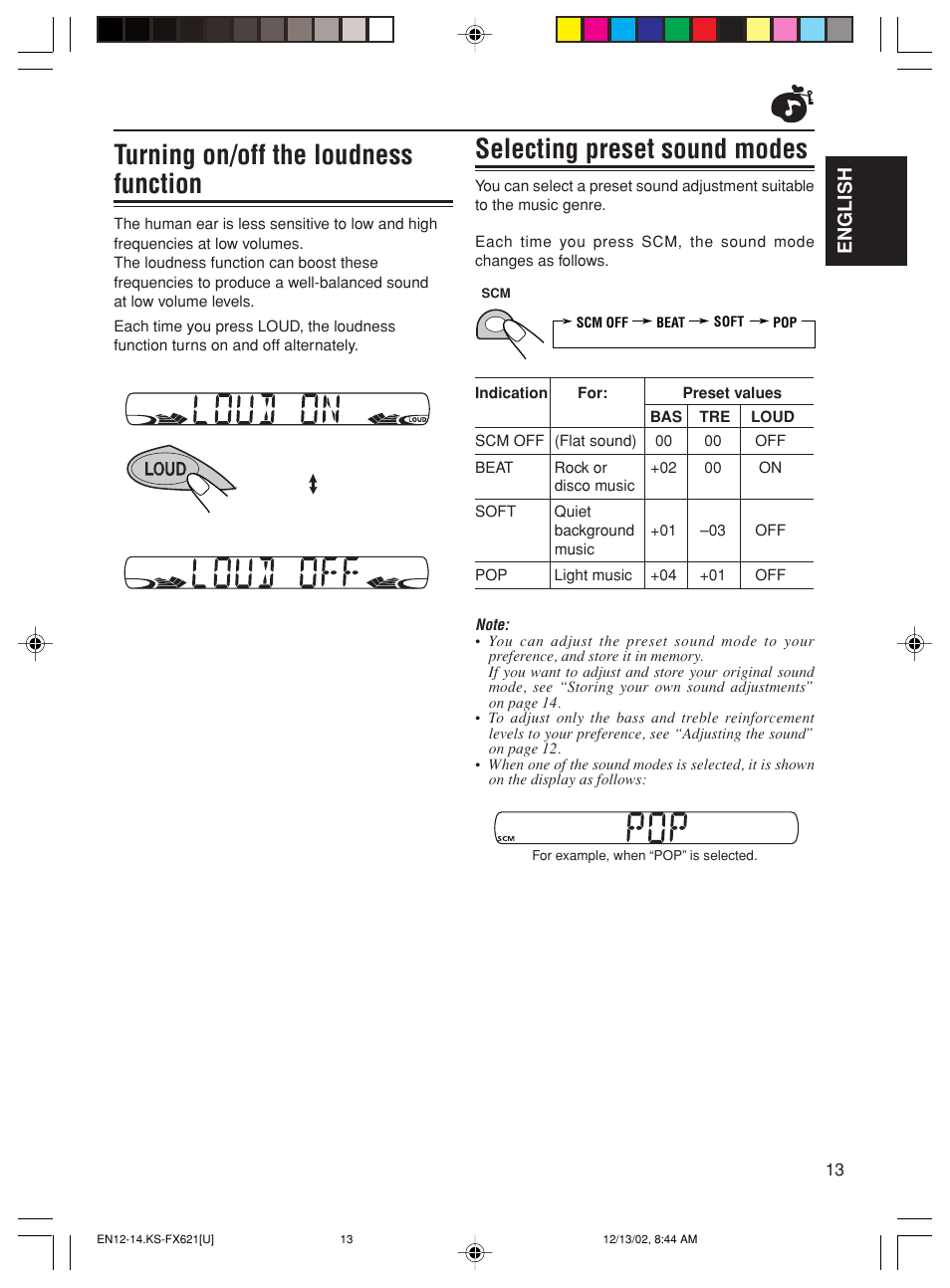 Selecting preset sound modes, Turning on/off the loudness function, English | JVC CH-X100 User Manual | Page 13 / 32