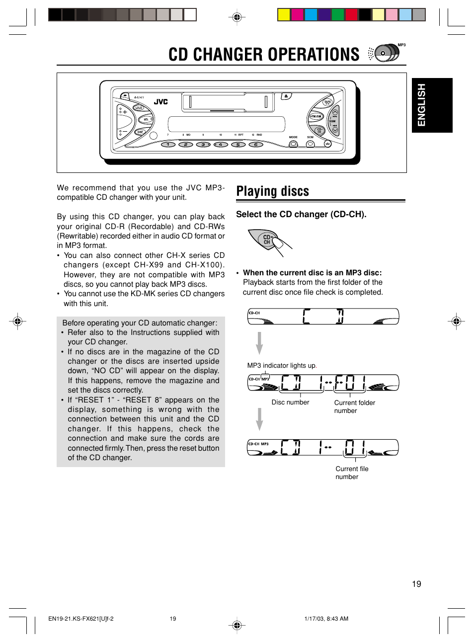 Cd changer operations, Playing discs, English | Select the cd changer (cd-ch) | JVC CH-X100 User Manual | Page 19 / 32
