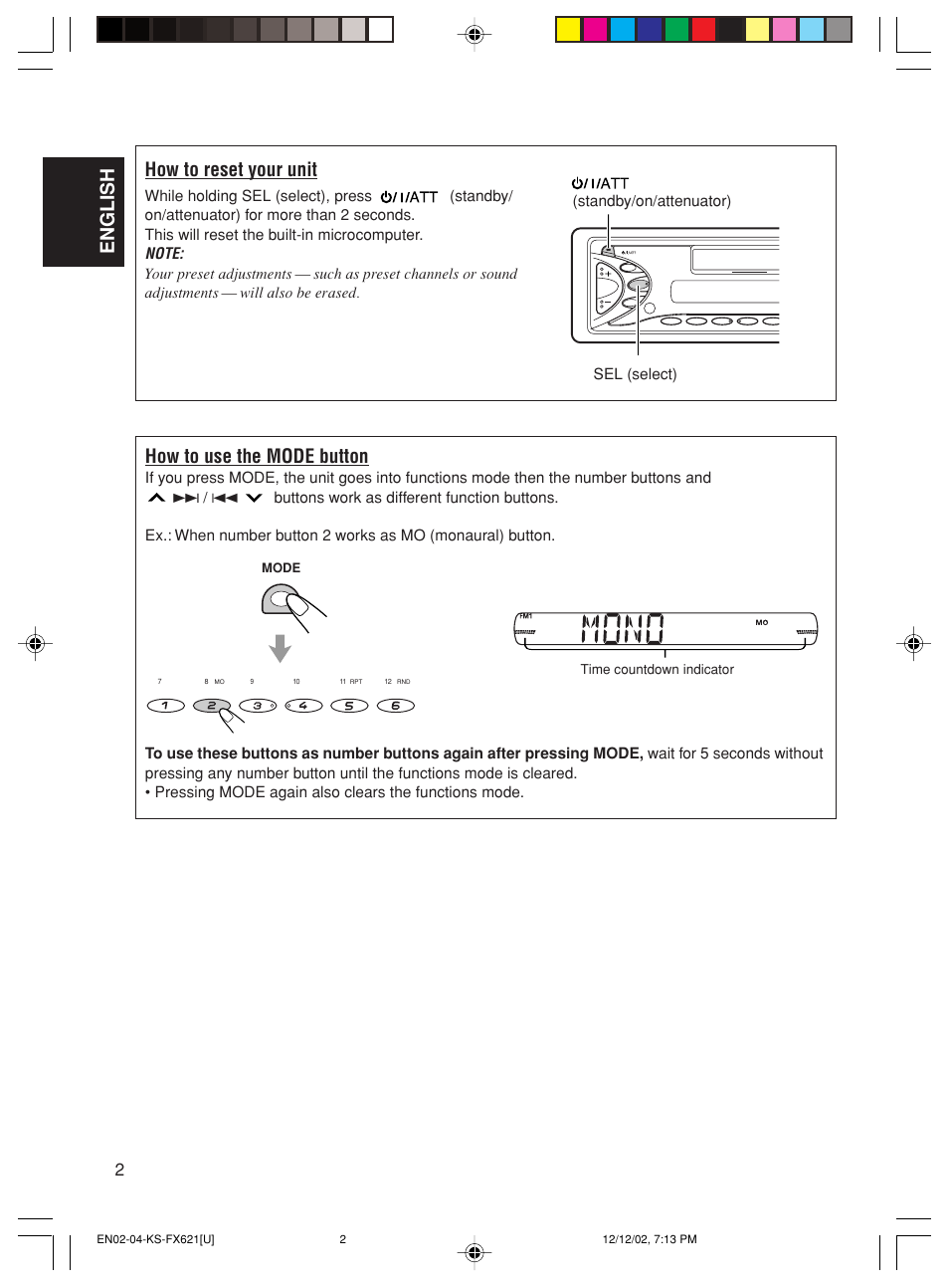 How to reset your unit, How to use the mode button, English | JVC CH-X100 User Manual | Page 2 / 32