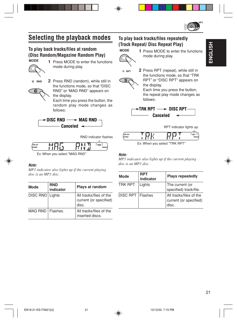 Selecting the playback modes, English | JVC CH-X100 User Manual | Page 21 / 32