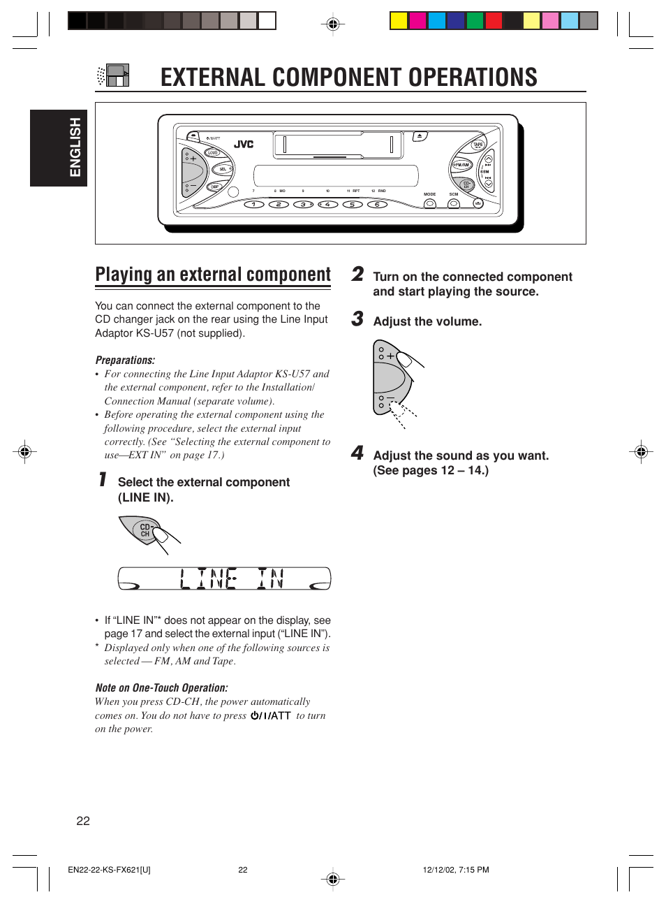 External component operations, Playing an external component, English | JVC CH-X100 User Manual | Page 22 / 32