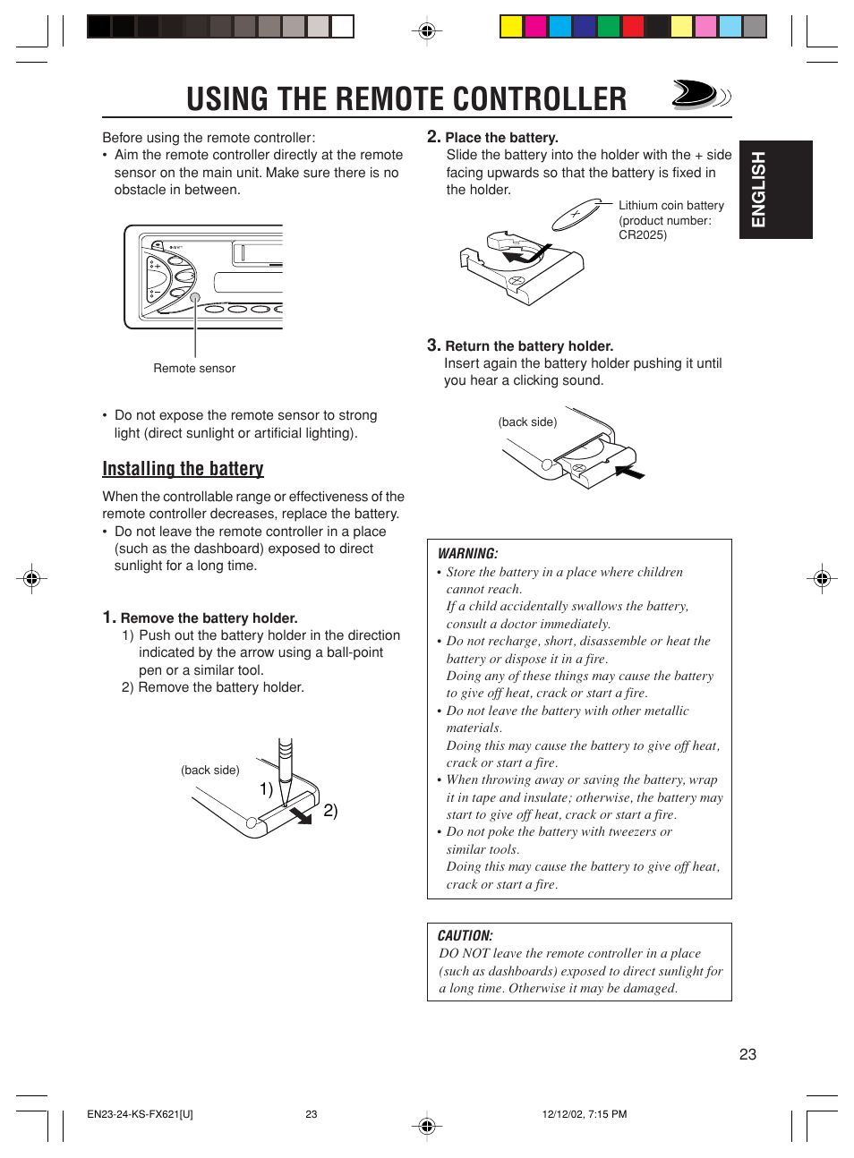 Using the remote controller, Installing the battery | JVC CH-X100 User Manual | Page 23 / 32