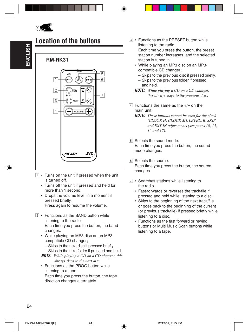 Location of the buttons | JVC CH-X100 User Manual | Page 24 / 32