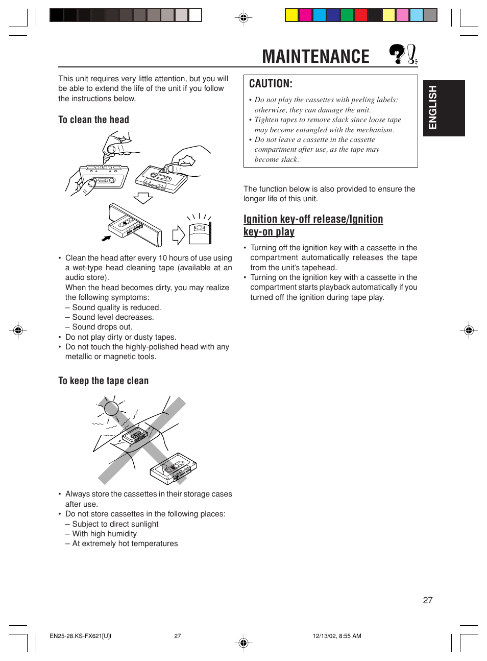 Maintenance, Caution, Ignition key-off release/ignition key-on play | JVC CH-X100 User Manual | Page 27 / 32