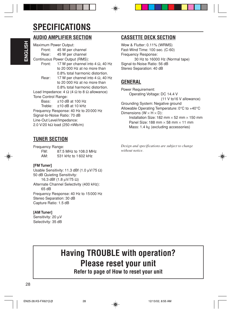 Specifications, Refer to page of how to reset your unit, General | JVC CH-X100 User Manual | Page 28 / 32