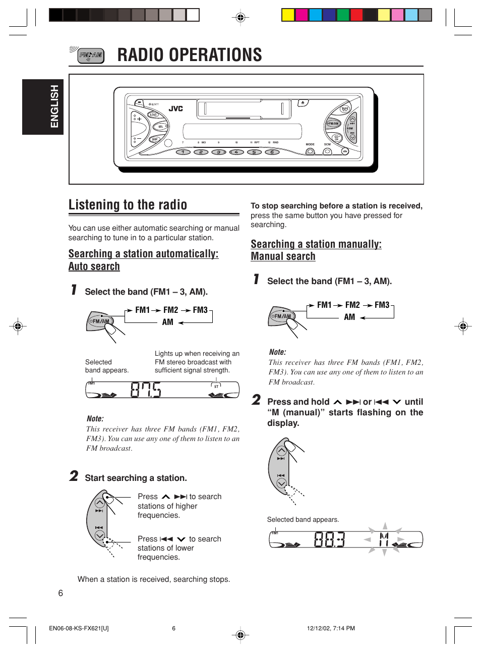Radio operations, Listening to the radio, Searching a station automatically: auto search | Searching a station manually: manual search, English | JVC CH-X100 User Manual | Page 6 / 32