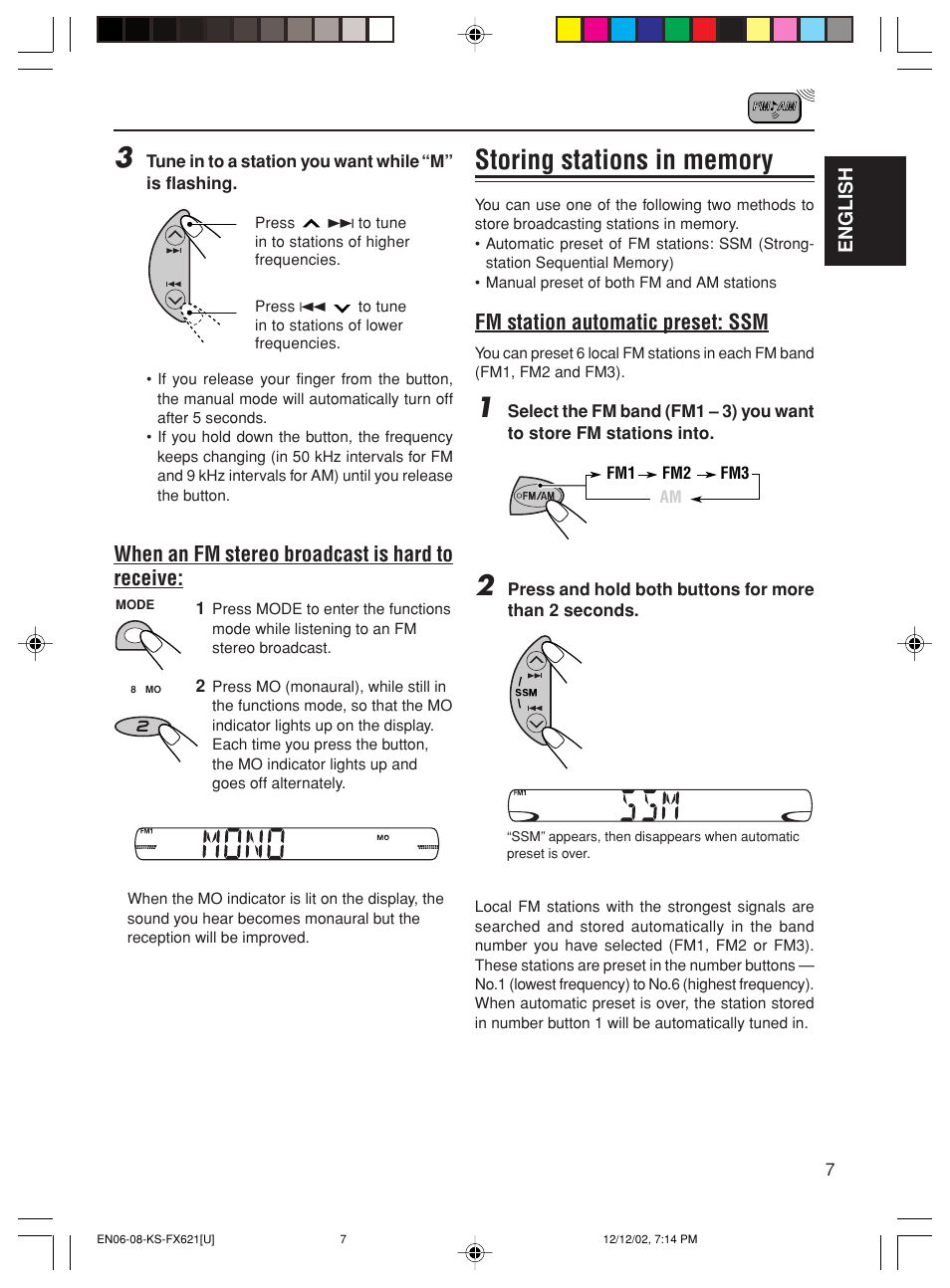 Fm station automatic preset: ssm, When an fm stereo broadcast is hard to receive | JVC CH-X100 User Manual | Page 7 / 32