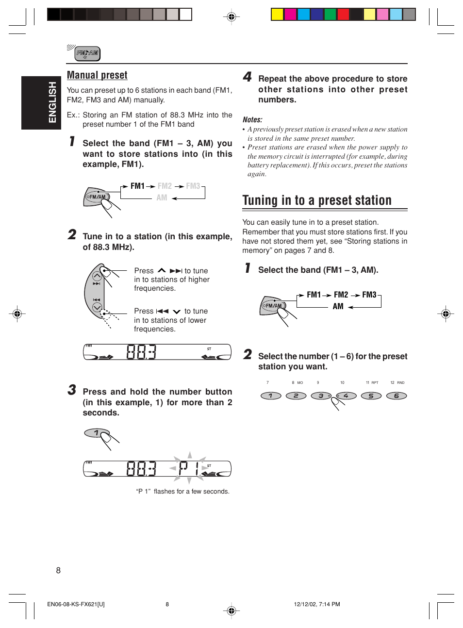 Tuning in to a preset station, Manual preset | JVC CH-X100 User Manual | Page 8 / 32