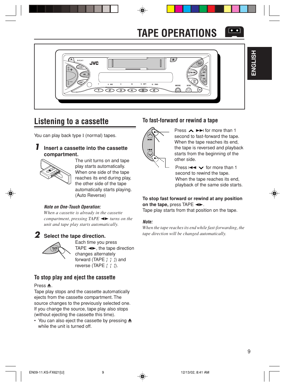 Tape operations, Listening to a cassette, English | JVC CH-X100 User Manual | Page 9 / 32