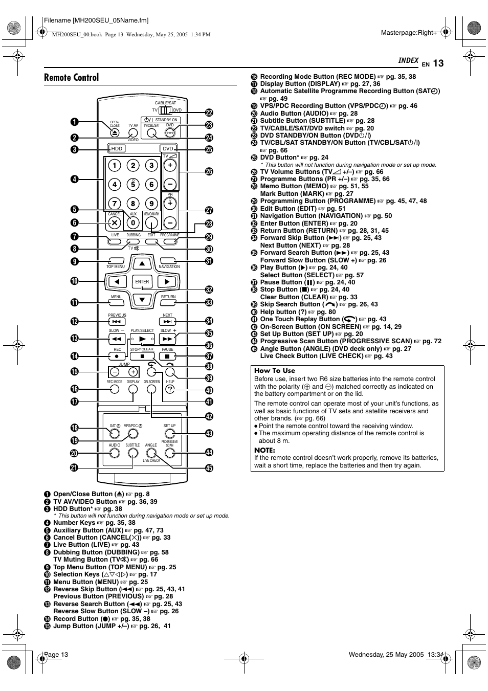 13 illustr, Remote control | JVC DR-MH200SE User Manual | Page 13 / 92