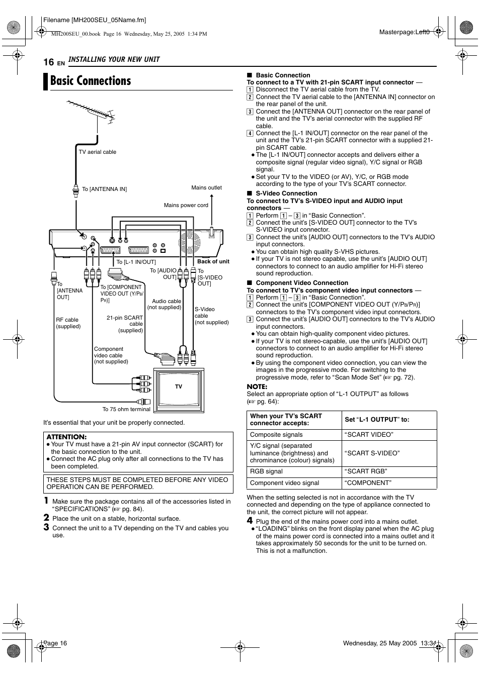 Installing your new unit, Basic connections, A pg. 16 | A pg. 16, 63, 68 | JVC DR-MH200SE User Manual | Page 16 / 92