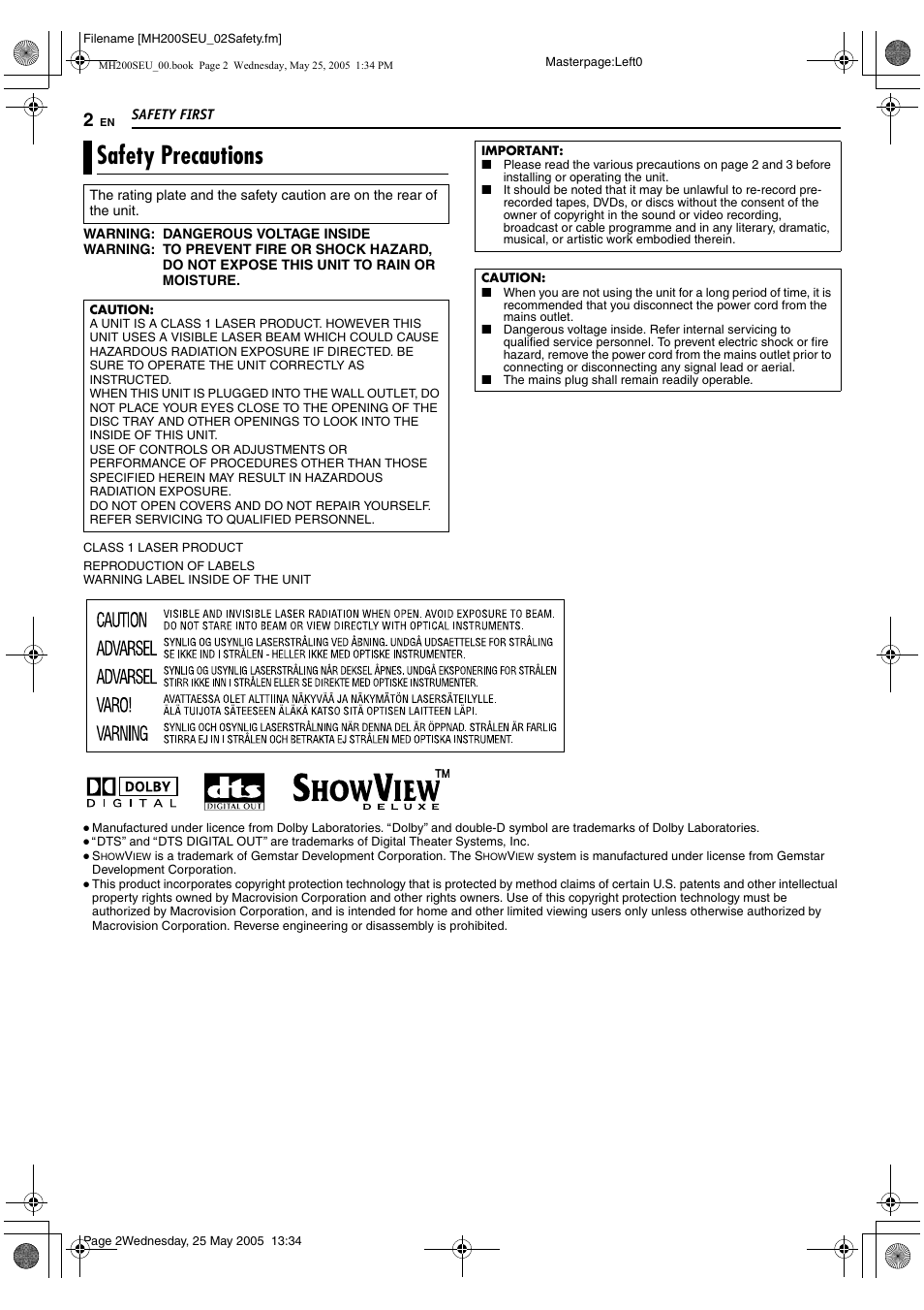 Safety precautions | JVC DR-MH200SE User Manual | Page 2 / 92