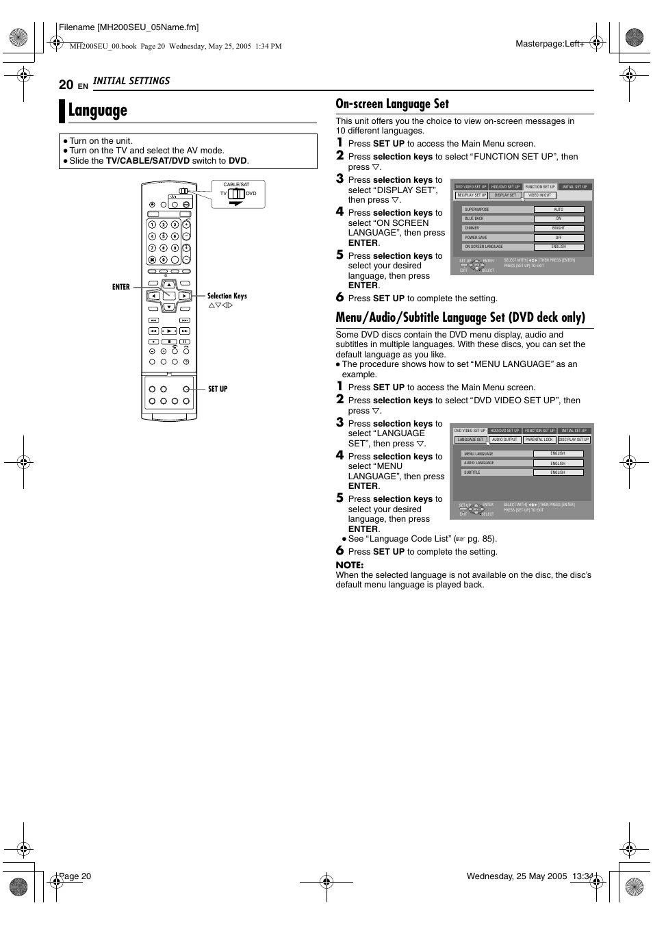 Language, A pg. 20, Screen language set | B (a pg. 20), On-screen language set, Menu/audio/subtitle language set (dvd deck only), Initial settings | JVC DR-MH200SE User Manual | Page 20 / 92