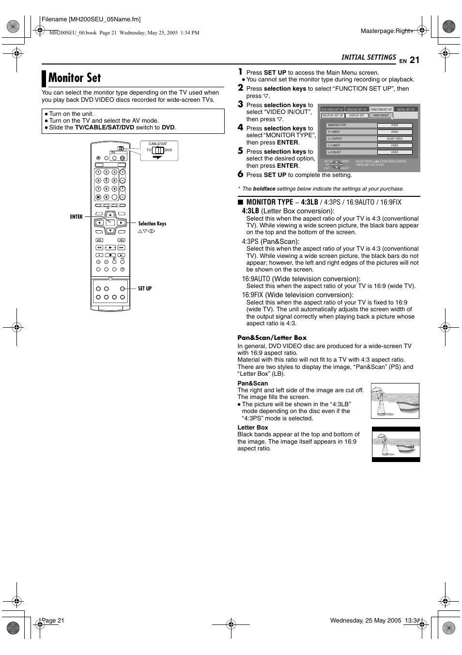 Monitor set, Amonitor setb on, Amonitor setb | Initial settings, Monitor type | JVC DR-MH200SE User Manual | Page 21 / 92