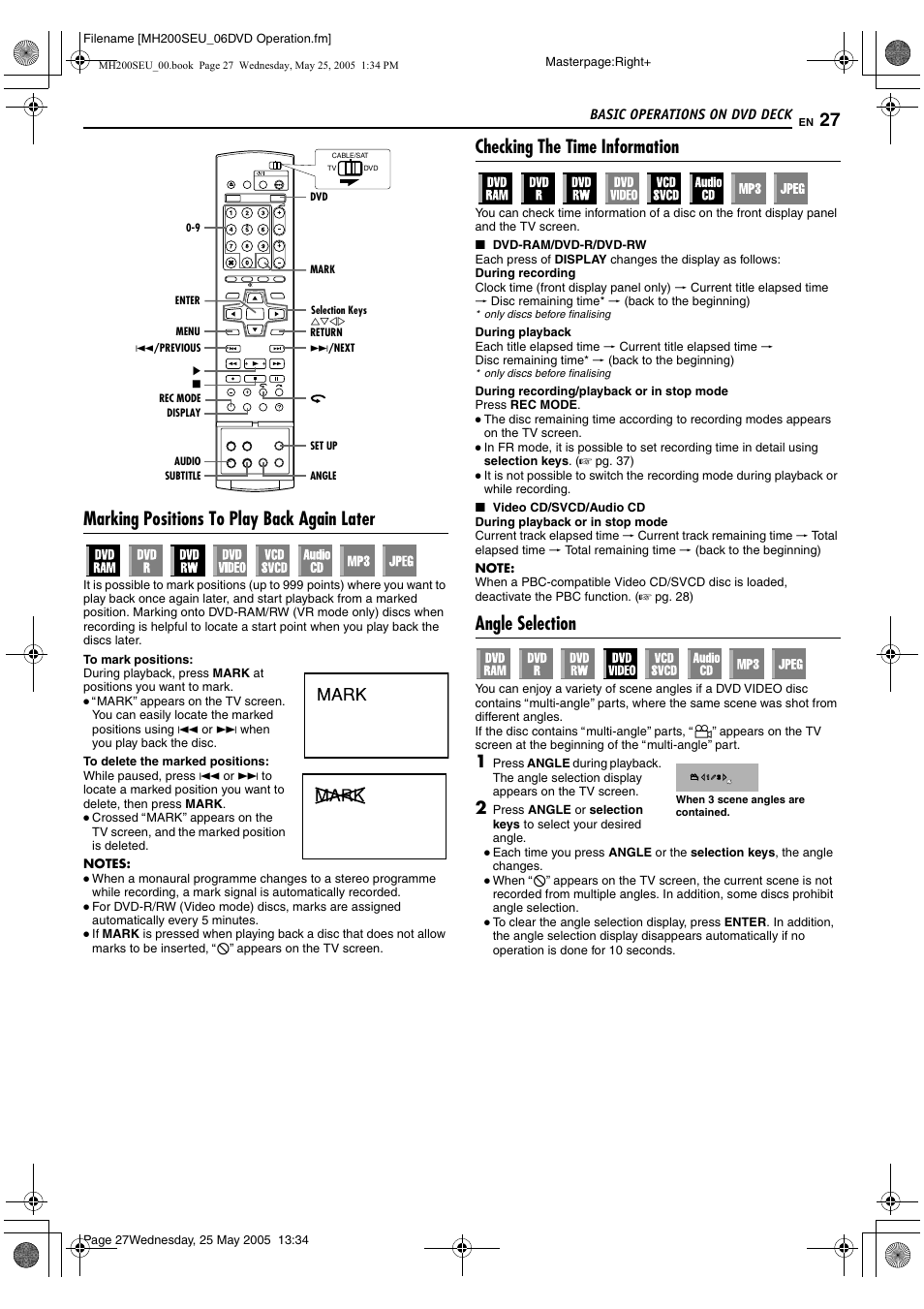 Tor a pg. 27, 36, A pg. 27, 3, A pg. 27, 36 | A pg. 27, Marking positions to play back again later, Checking the time information, Angle selection | JVC DR-MH200SE User Manual | Page 27 / 92