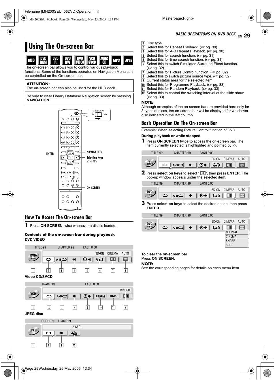 Using the on-screen bar, How to access the on-screen bar, Basic operation on the on-screen bar | JVC DR-MH200SE User Manual | Page 29 / 92