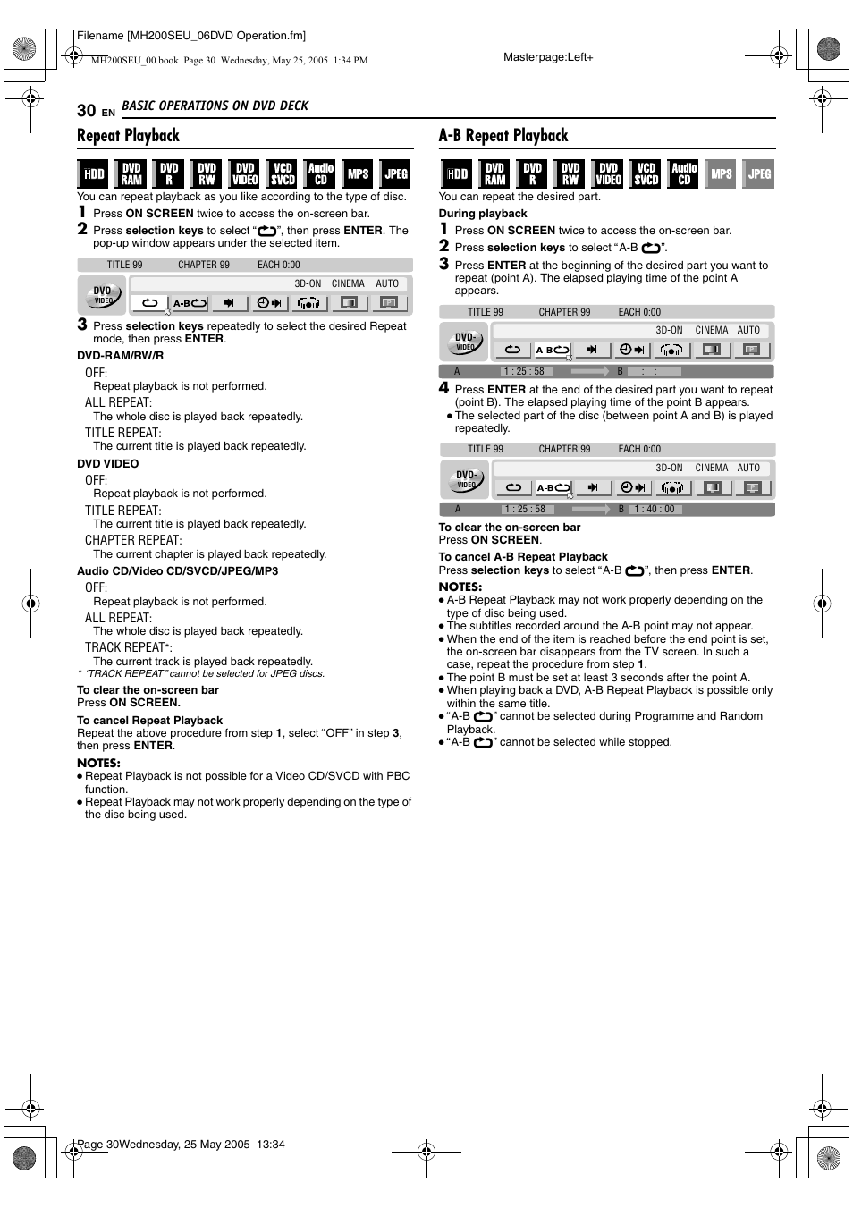 A pg. 30, K. (a pg. 30), A pg. 30) | Repeat playback, A-b repeat playback | JVC DR-MH200SE User Manual | Page 30 / 92