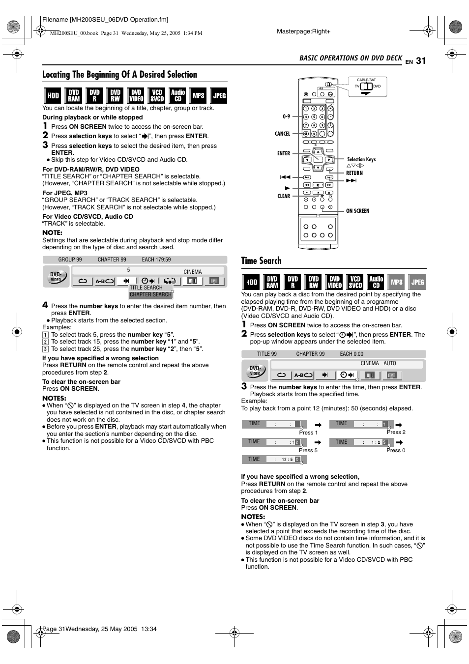 R search function. (a pg. 31), A pg. 31), Locating the beginning of a desired selection | Time search | JVC DR-MH200SE User Manual | Page 31 / 92