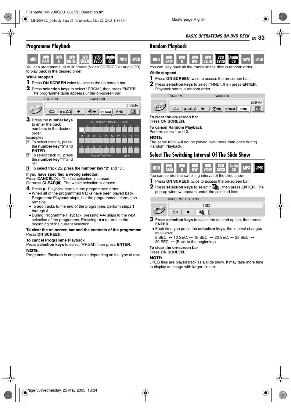A pg. 33, K. (a pg. 33), A pg. 33) | Programme playback, Random playback, Select the switching interval of the slide show | JVC DR-MH200SE User Manual | Page 33 / 92