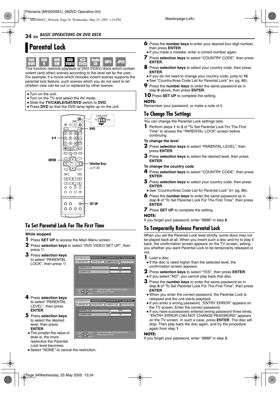Parental lock, R to, Aparental lockb (a pg. 34) | Basic operations on dvd deck | JVC DR-MH200SE User Manual | Page 34 / 92