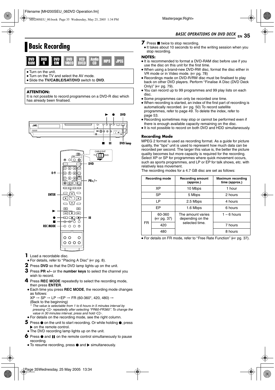 Basic recording, A pg. 35, 38, A pg. 35 | A pg. 35, 6 | JVC DR-MH200SE User Manual | Page 35 / 92