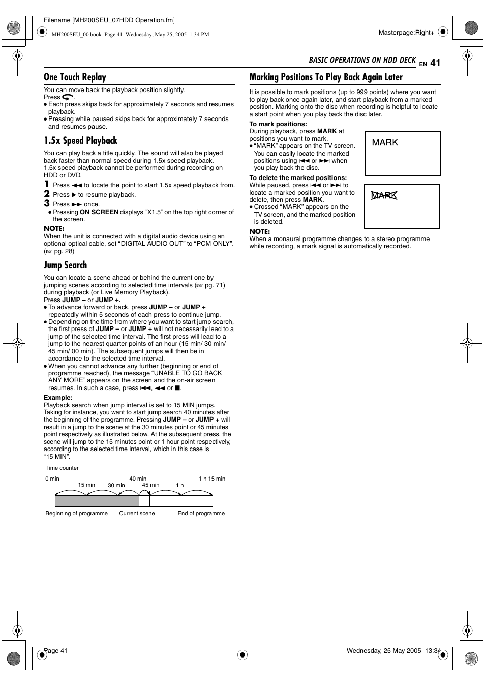 One touch replay, 5x speed playback, Jump search | Marking positions to play back again later | JVC DR-MH200SE User Manual | Page 41 / 92