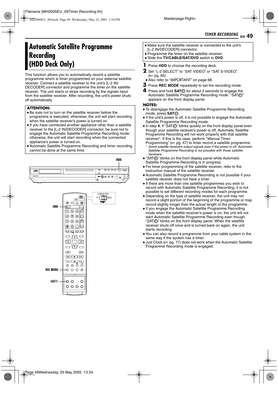 Automatic satellite programme recording, Hdd deck only), De (a pg. 49), sl | A pg. 49, A pg. 49) is perf | JVC DR-MH200SE User Manual | Page 49 / 92