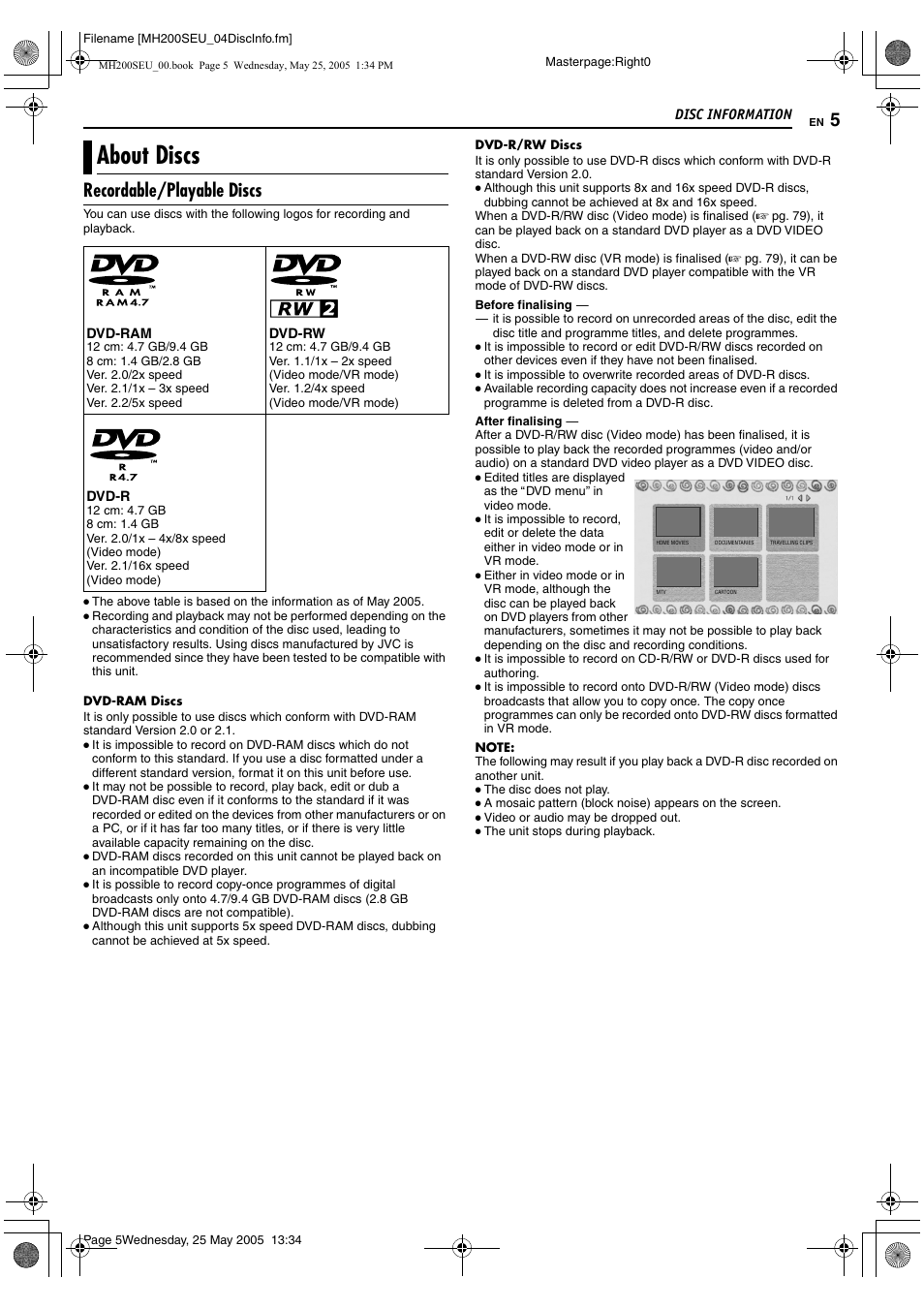 Disc information, About discs, Recordable/playable discs | JVC DR-MH200SE User Manual | Page 5 / 92