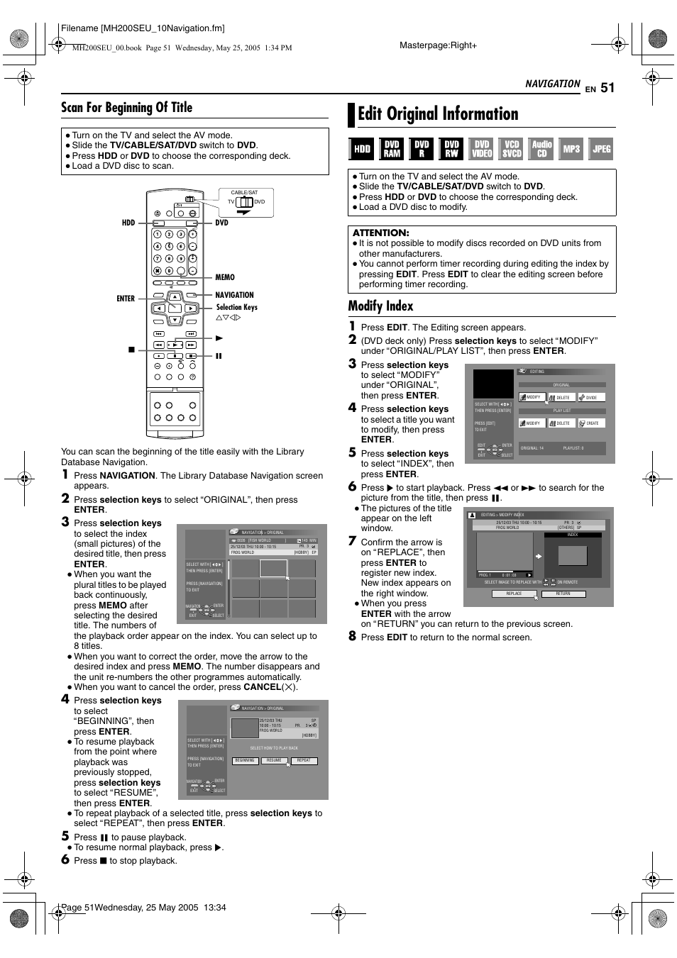 Edit original information, A pg. 51, 55, A pg. 51 | A pg. 51), Scan for beginning of title, Modify index, Navigation | JVC DR-MH200SE User Manual | Page 51 / 92